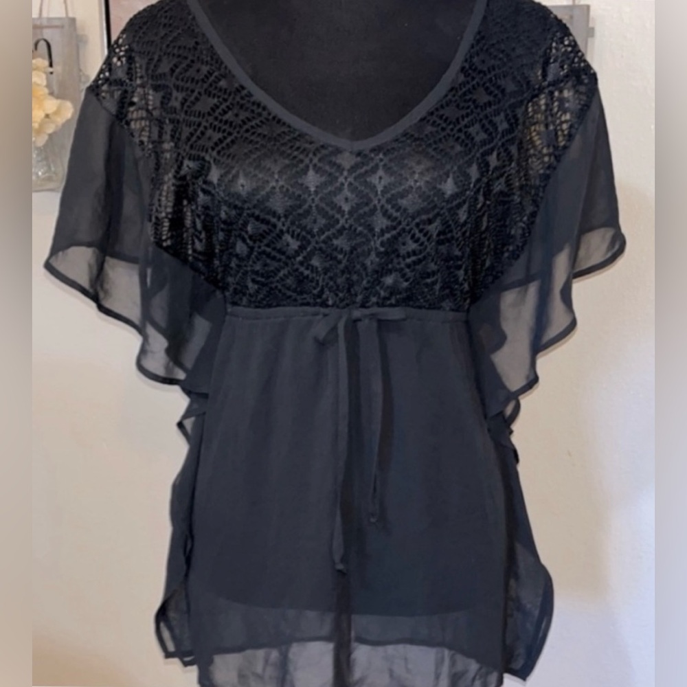 🏝️Cover Up Miken Black Caviar Fluttered Crochet-Front Chiffon Swim